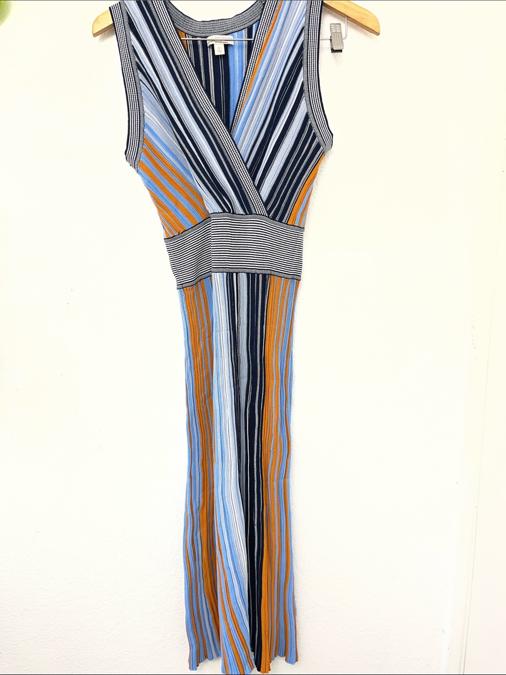 Eva Mendes xL Striped Sleeveless Knit Jumpsuit in Blue, Tan, and Black